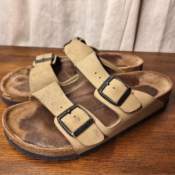 Birkenstock Shoes - Birkenstock Arizona soft suede tan khaki beige double strap slip on sandals EU36